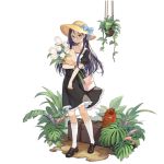  1girl alternate_costume bag bangs black_dress black_eyes black_hair blue_bow bow brown_footwear claes collarbone dress flower full_body girls_frontline glasses gunslinger_girl hat hat_bow holding holding_flower kneehighs leaf long_hair looking_at_viewer official_art pink_bag plant pot puffy_short_sleeves puffy_sleeves shoes short_sleeves sidelocks smile solo standing straw_hat teeth transparent_background watch watering_can white_flower white_legwear wristwatch 