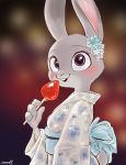  2020 anthro asian_clothing blurred_background blush buckteeth clothed clothing disney east_asian_clothing female food fruit fur grey_body grey_fur holding_food holding_object japanese_clothing judy_hopps kimono lagomorph leporid looking_at_viewer looking_away mammal memegmu pink_nose plant purple_eyes rabbit signature solo strawberry teeth zootopia 