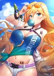  1girl adjusting_eyewear bangs barcode_tattoo belt bianka_durandal_ataegina bikini_shorts blonde_hair blue_eyes blush breasts bubble_blowing day eyewear_on_head hair_between_eyes highres honkai_(series) honkai_impact_3rd large_breasts long_hair looking_at_viewer midriff navel outdoors shiny shiny_skin shirt shorts solo stomach sunglasses tattoo thighs tied_shirt tinted_eyewear very_long_hair xfate 