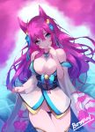  1girl ahri alternate_hair_color animal_ears bell black_panties blue_tail breasts butaros cleavage fox_ears fox_tail hair_bell hair_ornament highres korean_clothes kumiho large_breasts league_of_legends looking_at_viewer multiple_tails off_shoulder panties pussy_peek solo spirit_blossom_ahri tail underwear 