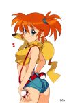  1girl ass bare_shoulders blue_eyes breasts cowboy_shot eyebrows_visible_through_hair gen_1_pokemon hair_between_eyes heart kasumi_(pokemon) looking_at_viewer midriff optionaltypo orange_hair pikachu poke_ball pokemon simple_background sleeveless small_breasts smile solo white_background 