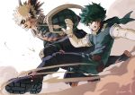  2boys absurdres artist_name bakugou_katsuki bangs black_gloves blonde_hair bodysuit boku_no_hero_academia boots commentary_request elbow_gloves explosive eye_mask freckles from_side gloves green_bodysuit green_hair grenade grin hair_ornament hand_up highres male_focus messy_hair midoriya_izuku multiple_boys nakamu_405 red_eyes red_gloves short_hair smile spiked_hair teeth thigh_boots thighhighs two-tone_gloves white_gloves 