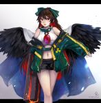  1girl absurdres adapted_costume alternate_costume arm_cannon bare_legs bare_shoulders bird_wings black_hair black_wings bow breasts cape coller english_text green_bow highres hoshiringo0902 looking_at_viewer navel raincoat reiuji_utsuho shorts sign simple_background smile solo standing touhou twitter_username walking warning_sign weapon wings zipper 