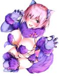  1girl animal_ears bangs bare_shoulders blush breasts cleavage dangerous_beast elbow_gloves fang fate/grand_order fate_(series) fur-trimmed_gloves fur_collar fur_trim gloves hair_over_one_eye halloween_costume highres lace lace-trimmed_legwear large_breasts lavender_hair looking_at_viewer mash_kyrielight o-ring open_mouth purple_eyes purple_gloves purple_legwear revealing_clothes short_hair simple_background smile tail thighhighs thighs wolf_ears wolf_tail yuu-kun_(linke_hand) 