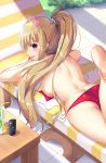  1girl :d absurdres ass back bangs beach_chair bendy_straw bikini blonde_hair blue_eyes blunt_bangs breast_press breasts commentary_request day dongyue_sakura drink drinking_straw eyebrows_visible_through_hair glass hair_ornament hair_scrunchie highres ice ice_cube karuizawa_kei legs_up lens_flare lime_slice long_hair looking_at_viewer looking_to_the_side lotion lying medium_breasts on_stomach open_mouth outdoors ponytail red_bikini scrunchie sidelocks smile solo sunscreen swimsuit table thighs youkoso_jitsuryoku_shijou_shugi_no_kyoushitsu_e 