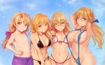 1boy 3girls areola_slip areolae armpits arms_up azusa_(cookie) bare_arms bare_shoulders bikini bird black_bikini blonde_hair blue_sky blue_swimsuit bow breasts cleavage commentary_request cookie_(touhou) covered_nipples day flat_chest green_eyes hair_bow highres kirisame_marisa large_breasts long_hair looking_at_viewer mars_(cookie) multiple_girls navel pink_bikini pink_bow rei_(cookie) side-tie_bikini sky slingshot_swimsuit smile solidstatesurvivor string_bikini swimsuit topless touhou uzuki_(cookie) yellow_eyes 