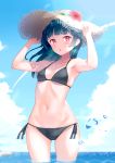  1girl :o absurdres armpits arms_up ass_visible_through_thighs bangs bare_arms bare_shoulders bikini black_bikini black_hair black_rock_shooter blue_sky blunt_bangs blush breasts collarbone condensation_trail cowboy_shot day earrings eyebrows_visible_through_hair flower groin hands_on_headwear hat hat_flower hat_ornament hibiscus highres horizon jewelry looking_at_viewer love_live! love_live!_sunshine!! luna_(mi-chanman) ocean open_mouth outdoors purple_eyes side-tie_bikini sky small_breasts solo swimsuit tsushima_yoshiko wading water 
