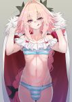  1boy artist_name astolfo_(fate) bare_shoulders braid braided_ponytail bulge collarbone commentary_request cowboy_shot eyebrows_visible_through_hair eyes_visible_through_hair fate/apocrypha fate_(series) grey_background hair_between_eyes haoro highlights licking_lips long_hair looking_at_viewer midriff multicolored_hair navel pink_hair purple_eyes simple_background solo stomach tongue tongue_out twitter_username two-tone_hair watermark white_hair 