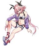  1boy artist_name astolfo_(saber)_(fate) bare_shoulders blush choker collarbone commentary_request eyebrows_visible_through_hair eyes_visible_through_hair fate/grand_order fate_(series) hair_between_eyes haoro highlights highres jacket long_hair long_sleeves looking_at_viewer midriff multicolored_hair navel open_mouth pink_hair purple_eyes sandals simple_background sitting solo stomach twitter_username two-tone_hair watermark white_background white_hair 
