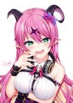  1girl :d bare_shoulders blonde_hair breasts center_frills chrisandita collared_shirt commentary curled_horns demon_girl demon_horns fangs finger_to_mouth frills hand_up headphones highres hololive horns large_breasts long_hair mano_aloe multicolored_hair nail_polish open_mouth pink_hair pink_nails pointy_ears shirt signature simple_background sleeveless sleeveless_shirt smile solo succubus twitter_username two-tone_hair upper_body virtual_youtuber white_background white_shirt wrist_cuffs 