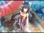 1girl animal_ear_fluff animal_ears azur_lane bangs bare_shoulders black_hair blush breasts closed_mouth commentary_request detached_sleeves dress eyebrows_visible_through_hair fox_ears from_above hair_ornament long_hair looking_at_viewer looking_up nagato_(azur_lane) outdoors sleeveless sleeveless_dress small_breasts smile solo standing sugita_ranpaku thighhighs twitter_username very_long_hair white_legwear wide_sleeves yellow_eyes 