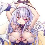  1girl arm_grab armpits arms_up azur_lane bangs bare_arms black_hairband blush bound bound_wrists breasts dido_(anxious_bisque_doll)_(azur_lane) dido_(azur_lane) eyebrows_visible_through_hair gloves gradient gradient_background hairband large_breasts long_hair long_sleeves nanaken_nana nose_blush open_mouth red_eyes sidelocks silver_hair solo_focus sparkle white_gloves 