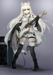  2020 absurd_res animal_humanoid arknights boots bottomwear clothing equid equid_humanoid female footwear gloves guitar hair handwear hi_res humanoid inner_ear_fluff long_hair mammal mammal_humanoid musical_instrument platinum_(arknights) playing_guitar playing_music plucked_string_instrument shorts simple_background solo standing string_instrument tuft vyragami white_hair 
