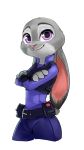  2016 anthro belt clothed clothing crossed_arms dipstick_ears disney ears_down female fully_clothed fur grey_body grey_fur hi_res judy_hopps lagomorph leporid luciferamon mammal multicolored_ears pink_nose pivoted_ears police_uniform portrait rabbit simple_background smile solo three-quarter_portrait uniform white_background zootopia 