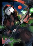  1boy cloak collarbone fingernails fog hair_over_one_eye halloween holding holding_scythe holding_weapon hood hood_up hooded_cloak kyouichi lantern moon original outdoors parted_lips red_cloak red_eyes red_moon scythe solo spirit torn_clothes tree turtleneck weapon white_hair 
