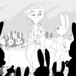  1:1 2016 ambiguous_gender anthro barefoot bed canid canine clothed clothing crowd disney fox fully_clothed fur furniture group hi_res judy_hopps lagomorph leporid looking_at_another luciferamon mammal monochrome nick_wilde on_bed pillow rabbit red_fox sitting standing young zootopia 