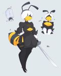  &lt;3 2020 alternate_species anthro arthropod bee big_breasts biped black_clothing black_legwear breast_squish breasts cleavage cleavage_cutout clothed clothing fake_antennae female furrification gloves grey_background grey_hair hair handwear hi_res holding_object holding_sword holding_weapon humor hymenopteran insect kilinah legwear melee_weapon nier_automata non-mammal_breasts pun simple_background solo squish standing striped_body stripes sword thick_thighs thigh_highs visual_pun weapon yellow_body yorha_2b 