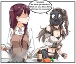  2girls alternate_language bangs bare_shoulders breasts brown_hair carrot collarbone commentary cooking dulldull english_commentary english_text faceless frying_pan gas_mask girls_frontline hair_ornament hair_ribbon k-2_(girls_frontline) long_hair multiple_girls navel purple_hair ribbon shirt smoke spatula wa2000_(girls_frontline) white_shirt 