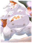  anthro belly bodily_fluids breath claws fur hi_res male moobs nintendo overweight overweight_anthro overweight_male pok&eacute;mon pok&eacute;mon_(species) red_eyes sigenoya simple_background solo sweat takotyutyu video_games white_background white_body white_fur wounded zangoose 