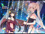  2girls alternate_costume animal_ear_fluff animal_ears ayanami_(azur_lane) azur_lane bangs bare_shoulders black_choker black_hair black_panties blush breasts car choker criss-cross_halter eyebrows_visible_through_hair fox_ears ground_vehicle halterneck headgear holding letterboxed light_brown_hair long_hair looking_at_viewer motor_vehicle multiple_girls nagato_(azur_lane) navel open_mouth panties parasol ponytail pout race_queen side_slit sidelocks sleeves_past_wrists small_breasts stage_lights sugita_ranpaku thigh_strap twitter_username umbrella underwear very_long_hair yellow_eyes 