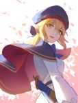  1girl :d arm_at_side artoria_pendragon_(all) artoria_pendragon_(caster) bangs beret blonde_hair blue_capelet blush breasts capelet commentary_request eyebrows_visible_through_hair fate/grand_order fate_(series) from_below gloves green_eyes hair_ribbon hat long_hair long_sleeves looking_at_viewer looking_to_the_side multicolored_capelet open_mouth petals ponytail red_capelet ribbon smile solo sword upper_body weapon weapon_on_back yaxiya 