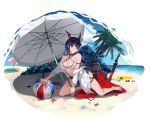 .l.l 1girl absurdres arknights ball bare_legs bare_shoulders barefoot beach beach_umbrella beachball bikini black_choker blue_hair blue_sky breasts ch&#039;en_(arknights) choker cleavage cloud commentary_request criss-cross_halter day dragon_horns eyewear_on_head halterneck highres horns medium_breasts off_shoulder open_clothes open_shirt outdoors partial_commentary planted_sword planted_weapon shadow shirt sky solo sunglasses swimsuit sword thighs umbrella weapon white_bikini white_shirt 