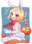 1girl absurdres animal_ears axe back bangs bare_shoulders blonde_hair blue_background blush border breasts bunny_ears bunny_tail bunnysuit fate/grand_order fate_(series) gloves heroic_spirit_festival_outfit highres jack-o&#039;-lantern leotard looking_at_viewer looking_back manami_(fearfac666) open_mouth orange_eyes parted_bangs paul_bunyan_(fate/grand_order) pumpkin red_neckwear sharp_teeth short_hair sitting small_breasts smile tail teeth thighs white_border white_gloves white_leotard 