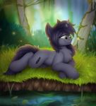  2020 ambiguous_gender blue_mane blue_tail chest_tuft cutie_mark equid equine fan_character feral forest fur grass green_eyes grey_body grey_fur hasbro hi_res horn kate_(character) kianara lying mammal mane my_little_pony on_front on_ground outside pond smile solo tree tuft unicorn 