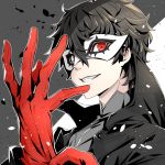  1boy adjusting_clothes adjusting_gloves amamiya_ren black_hair black_jacket domino_mask gloves grey_shirt grin jacket looking_at_viewer male_focus mask persona persona_5 red_eyes red_gloves routo_(rot_0) shirt simple_background smile solo 