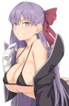  1girl arched_back bangs bare_shoulders bb_(fate)_(all) bb_(fate/extra_ccc) bent_over bikini bikini_top black_bikini black_coat blush breasts cleavage coat collarbone covered_nipples eyebrows_visible_through_hair fate/extra fate/extra_ccc fate_(series) from_side gloves grin hair_ornament hair_ribbon hand_up large_breasts long_hair long_sleeves looking_at_viewer off_shoulder open_clothes parted_lips pointing pointing_at_self purple_eyes purple_hair red_ribbon ribbon shiseki_hirame simple_background smile solo sweatdrop swimsuit upper_body very_long_hair white_background white_gloves wide_sleeves 