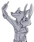  2016 anthro arm_around_shoulders canid canine cellphone clothed clothing dante-ml disney duo fox fully_clothed fur holding_cellphone holding_object holding_phone judy_hopps lagomorph leporid mammal monochrome nick_wilde phone rabbit red_fox selfie simple_background smile white_background zootopia 