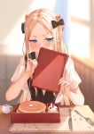  1girl abigail_williams_(fate/grand_order) alternate_costume bangs black_bow black_vest blonde_hair blue_eyes blurry blurry_background blush bow breasts commentary_request covered_mouth depth_of_field fate/grand_order fate_(series) food forehead fork hair_bow half-closed_eyes highres holding indoors knife long_hair menu multiple_bows orange_bow pancake parted_bangs polka_dot polka_dot_bow shirt short_sleeves sitting small_breasts solo stack_of_pancakes table very_long_hair vest white_shirt yukiyama_momo 