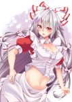  1girl akainoya_rayo alternate_costume apron blush bow breasts cleavage commentary_request detached_collar enmaided eyebrows_visible_through_hair fujiwara_no_mokou hair_between_eyes hair_bow hair_ribbon hand_on_hip highres large_breasts long_hair maid midriff navel open_mouth red_eyes ribbon shirt silver_hair solo touhou tress_ribbon very_long_hair waist_apron white_apron white_bow white_ribbon white_shirt 