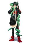  1boy black_eyes black_hoodie choker dark_green_hair green_hair hair_between_eyes highres hood hood_up hoodie kyouichi male_focus one_eye_closed open_mouth original red_choker simple_background solo standing teeth tentacles tongue white_background 