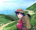  1girl backpack bag bangs blue_hair cloud dated day hair_between_eyes happy_birthday hat jyon long_hair looking_at_viewer looking_back love_live! love_live!_school_idol_project mountain mountainous_horizon open_mouth outdoors sky sonoda_umi yellow_eyes 
