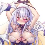  1girl arm_grab armpits arms_up azur_lane bangs bare_arms black_hairband blush bound bound_wrists breasts closed_mouth dido_(anxious_bisque_doll)_(azur_lane) dido_(azur_lane) eyebrows_visible_through_hair gloves gradient gradient_background hairband large_breasts long_hair long_sleeves nanaken_nana nose_blush red_eyes sidelocks silver_hair solo_focus sparkle white_gloves 