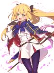  1girl ahoge artoria_pendragon_(all) artoria_pendragon_(caster) bangs black_gloves blonde_hair blue_capelet blue_legwear blush breasts capelet dress fate/grand_order fate_(series) gloves green_eyes highres long_hair long_sleeves looking_at_viewer mitsurugi_sugar open_mouth pantyhose petals sheath simple_background smile staff sword twintails weapon white_background white_dress 