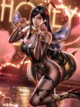  1girl bangs bee_costume black_hair breasts brown_eyes detached_sleeves dutch_angle earrings fake_antennae fake_wings final_fantasy final_fantasy_vii final_fantasy_vii_remake fishnet_legwear fishnets headband high_heels highres honey_bee_girl_outfit insect_wings jewelry large_breasts liang_xing long_hair looking_at_viewer nail_polish parted_bangs patreon_username paw_pose signature smile solo standing standing_on_one_leg stud_earrings tifa_lockhart watermark web_address wings 