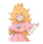  1girl akiyoku blonde_hair blue_eyes crown dress earrings elbow_gloves gloves highres jewelry long_hair mario_(series) open_mouth pink_dress pink_gloves princess_peach puffy_sleeves simple_background solo tongue waving 