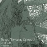  1boy canopus_wolph dated day earrings feather_earrings feathered_wings happy_birthday headband in_tree jewelry long_hair looking_to_the_side male_focus monochrome outdoors shirtless sitting solo tactics_ogre tree twitter_username windcaller wings 