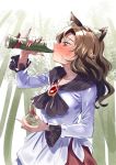  1girl absurdres animal_ear_fluff animal_ears bamboo blush brooch brown_hair cork drinking fingernails gunnjou_yosio highres holding imaizumi_kagerou jewelry long_fingernails long_hair long_sleeves pinky_out red_nails sharp_fingernails solo sweat touhou wolf_ears yellow_eyes 