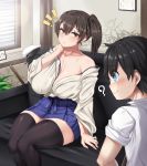  1boy 1girl aqua_eyes blush breasts brown_hair cleavage collarbone couch hat highres japanese_clothes kaga_(kantai_collection) kantai_collection little_boy_admiral_(kantai_collection) moisture_(chichi) off_shoulder photo_(object) plant side_ponytail skirt sweat thighhighs translation_request window yellow_eyes 