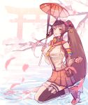  1girl :d bare_shoulders black_legwear breasts brown_hair cherry_blossoms from_side full_body headgear holding holding_umbrella kantai_collection kasumi_(skchkko) large_breasts long_hair looking_at_viewer open_mouth oriental_umbrella ponytail single_thighhigh sitting smile solo thighhighs torii umbrella yamato_(kantai_collection) 