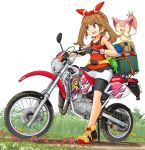  1girl 1other bandana bike_shorts black_shorts blue_eyes dress eyebrows_visible_through_hair fanny_pack full_body gen_3_pokemon gloves graphite_(medium) ground_vehicle hair_ribbon haruka_(pokemon) highres honda honda_crm80 looking_to_the_side mikeran_(mikelan) motor_vehicle motorcycle pokemon pokemon_(game) pokemon_oras ribbon shoes shorts skitty sleeveless sleeveless_dress traditional_media 