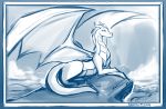  2020 blue_and_white conditional_dnp dragon female feral hi_res horn lady_nora lying membrane_(anatomy) membranous_wings modelling monochrome on_front outside portrait pose rock scalie sketch solo spread_wings tom_fischbach twokinds webcomic western_dragon wings 