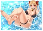  1girl bangs bikini black_bikini blonde_hair breasts choker cleavage crossed_legs ereshkigal_(fate/grand_order) fate/grand_order fate_(series) hair_ribbon highleg highleg_bikini kisaragi_tsurugi large_breasts leg_up long_hair lying on_back parted_bangs partially_submerged red_eyes red_ribbon reflective_water ribbon shallow_water skindentation skull smile soles solo swimsuit thigh_strap two_side_up very_long_hair 