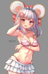  1girl :d animal_ears arm_under_breasts armpits artist_name bangs bare_shoulders bikini bikini_skirt blush bow breasts cleavage collarbone commentary cowboy_shot eyebrows_visible_through_hair fake_animal_ears flower granblue_fantasy grey_background groin hair_flower hair_ornament hand_in_hair highleg highleg_bikini highres kaptivate looking_at_viewer medium_breasts midriff mouse_ears navel open_mouth pink_bikini red_eyes short_hair sidelocks silver_hair simple_background skindentation skirt smile solo standing star_(symbol) star_hair_ornament striped striped_bikini swimsuit vikala_(granblue_fantasy) white_skirt 