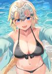  1girl bangs bikini black_bikini black_hairband blue_jacket blush braid breasts cleavage collarbone fate/grand_order fate_(series) hairband highres hood hooded_jacket jacket jeanne_d&#039;arc_(fate)_(all) jeanne_d&#039;arc_(swimsuit_archer) large_breasts long_hair long_sleeves looking_at_viewer navel nuko_(mikupantu) open_mouth single_braid smile swimsuit 