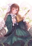  1girl bonnet brown_hair dress drill_hair frills green_dress green_eyes heterochromia highres lace long_hair long_sleeves looking_at_viewer makai_no_juumin red_eyes rozen_maiden smile solo suiseiseki twin_drills very_long_hair watering_can white_headwear 