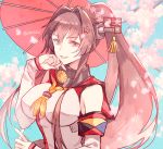  1girl bare_shoulders brown_hair cherry_blossoms detached_sleeves flower hair_flower hair_intakes hair_ornament headgear holding holding_umbrella kantai_collection kasumi_(skchkko) long_hair long_sleeves looking_at_viewer oriental_umbrella ponytail red_eyes red_umbrella shirt smile solo umbrella upper_body white_shirt yamato_(kantai_collection) 